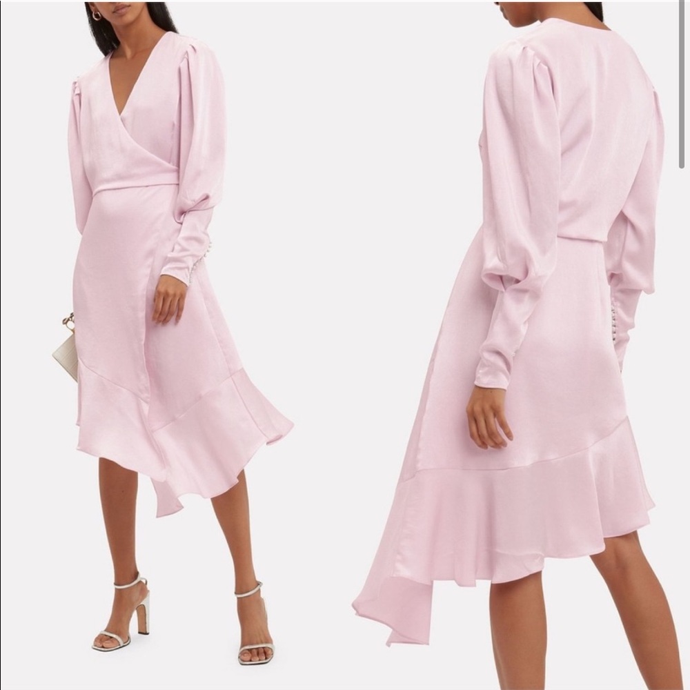 Joie Pink Satin Wrap Dress Pearl Button Midi Long Sleeve S